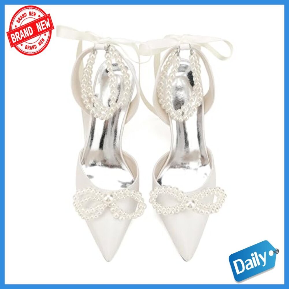 Satin Slingback Heels with Pearl Bow Wedding Bridal Shoes Size 5-11 - Picture 2 of 6